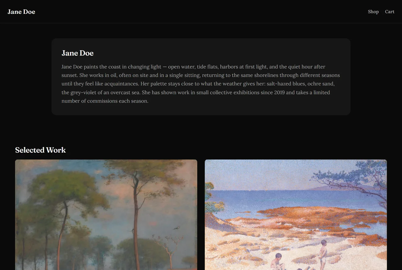 A live artist portfolio built with Folio Forge, shown on the Dark theme: a masonry gallery of paintings with an about section and shop